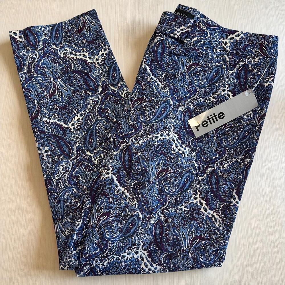 Talbots Slim Leg Ankle Pants 8P Front Zip Blue Paisley Cotton Stretch Preppy NWT